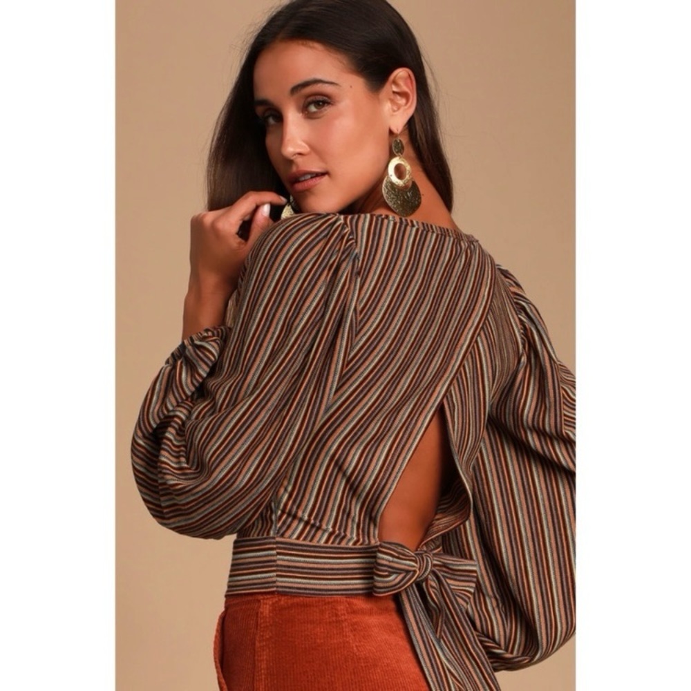 Free People Medium Autumn Nights Top Striped V Neck Long Sleeve Cut Out Tie